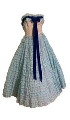 True Vintage 1960s Baby Blue Ruffled Lace Strapless Dress Blue Velvet Ribbon XS