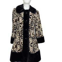 Vintage 1960s Jacquard Swing Coat Women 12 Faux Fur Collar A-Line Jacket