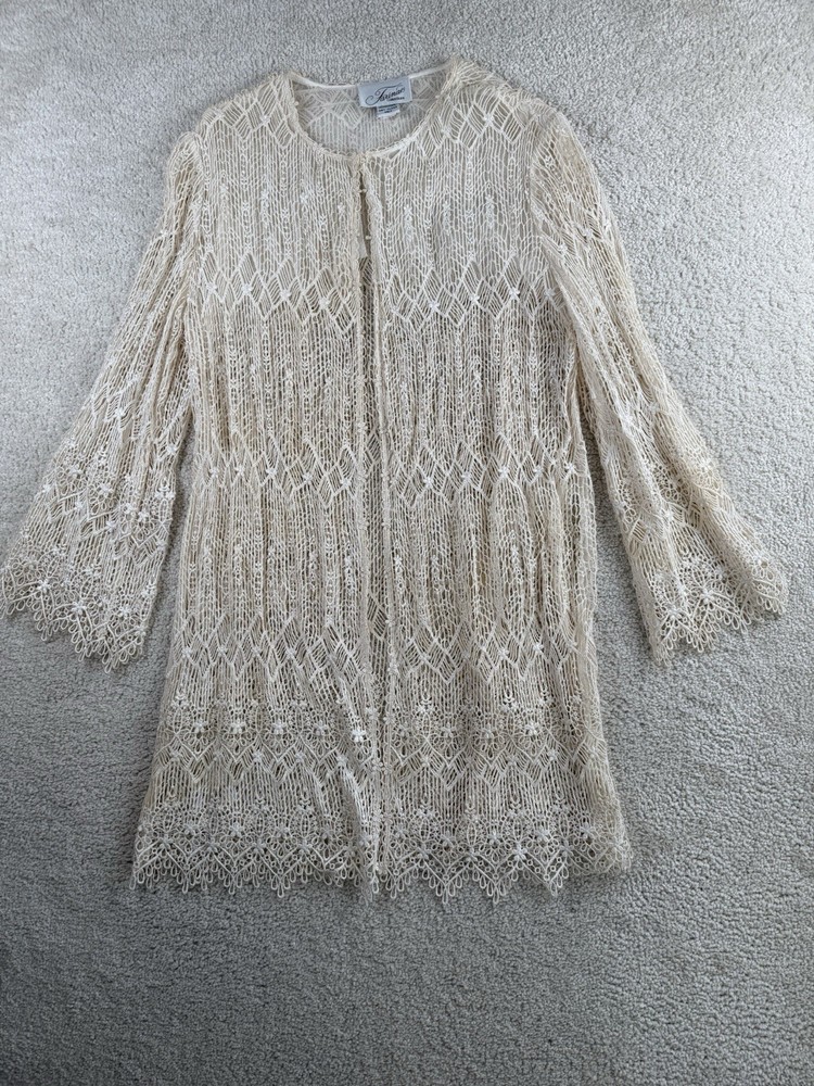 VTG Farinae Jacket Womens Medium Ivory Off White Lace Crochet Ornate Duster
