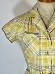 Vintage 1960’s COTTON yellow & grey check plaid shirtdress with belt Petite-size