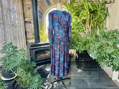 Vintage 1980s Purple Green and Red Paisley Rayon Dress Expo