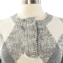 70s Vintage Gray Argyle Henley Sweater Womens M Cropped Knit Bracelet Sleeve
