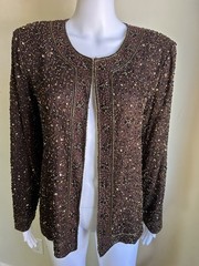 Vintage Stenay 100% Silk Beaded Sequin Jacket Women’s L Brown Art Deco Evening