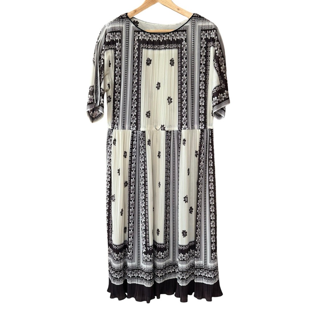 Vtg Hal Ferman Pleated Split Sleeve Midi Dress Sheer Brown Ivory Floral Large