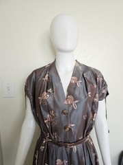 Vtg 1940-50s Sharkskin Iridescent Silk Dress Floral Embroidery Fit Flare W30