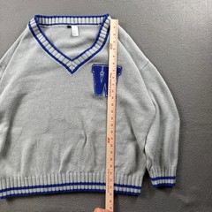 H&M Divided V Neck Sweater Womens XL Varsity Patch Preppy Slouchy Gray Retro