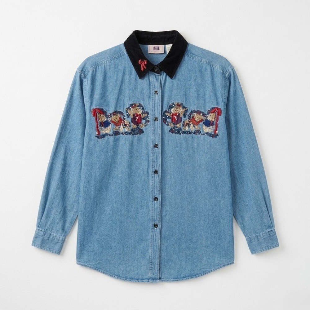 Vintage Faded Glory Women’s Christmas Teddy Bear Denim Shirt, size 14W/16W