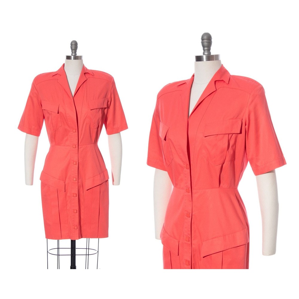 Vintage THIERRY MUGLER 1980s Shirt Dress 80s Designer Hot Pink Cotton Wiggle