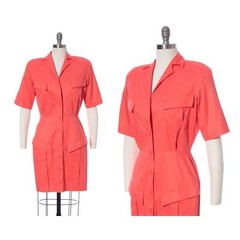 Vintage THIERRY MUGLER 1980s Shirt Dress 80s Designer Hot Pink Cotton Wiggle