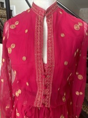 Jack Bryan NWT 70s Raspberry Pink Voile & Gold Embroidery Blouson Maxi Dress S