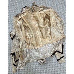 Antique Victorian Beige Printed Silk Two Piece Set Velvet Trim Net Lace Smocking