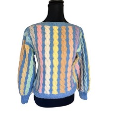Handmade Pastel Rainbow Chunky Cable Knit Sweater Small Blue Striped Boatneck