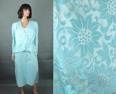 Vintage Dress Suit Sz 16 L 80s Blue Floral Satin Brocade Jacket Mother of Bride