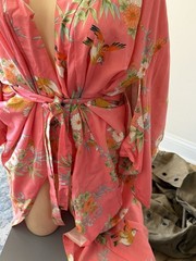 Vtg Best Quality Japan 52.5” Long Kimono Robe Peachy Pink w/Birds One Size