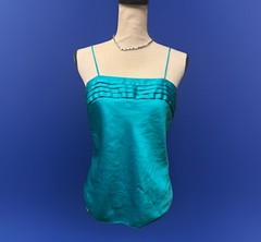Vintage Silky Satin Cami Tank Y2K Teal Blue Pleated Bust Minimalist S/M