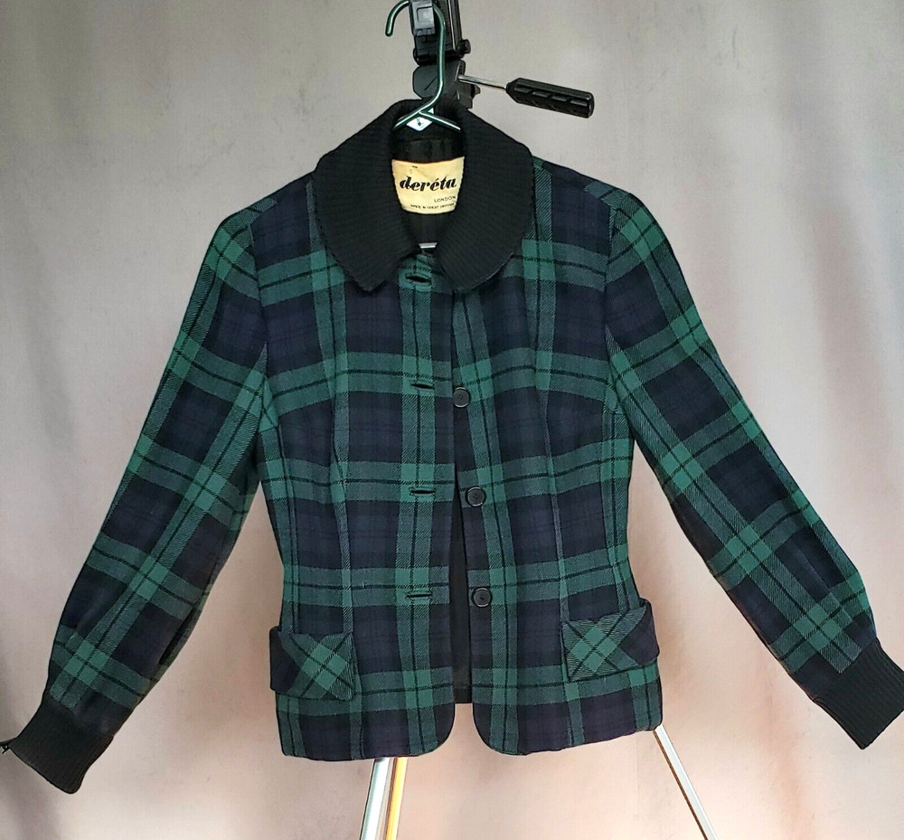 VTG EARLY 50s Deréta London GREEN AND NAVY WOOL PLAID JACKET