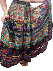 S Vtg 90s MAXI Skirt Broomstick INDIA COTTON Crinkle Tiered Peasant BOHO Gypsy