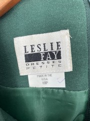 Vtg Leslie Fay Women Size 10P Dress Suit Green Gold Trim Made in USA Jersey Feel