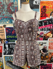 Vintage 40s Brown Tiki Print The Kahala Honolulu Playsuit Romper Pin-Up Sz XS/S