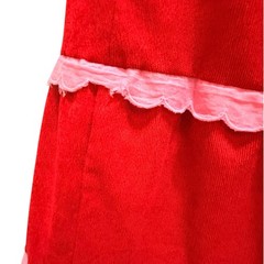 Handmade Cottagecore Red Corduroy Midi Dress Pink Scallop Trim Size M OOAK Art!!