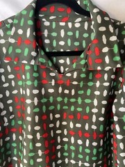 Vintage 60/70’s Tunic Blouse Women’s, Olive Green & Red White Geo Print, L, EUC