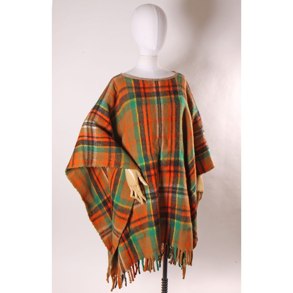 1960s Orange, Black and Green Plaid Fringe Hem Fall Poncho