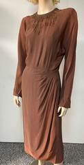 Vintage 1940s Copper Rayon Starburst Beaded Neckline Cocktail Dress Bust 38-39