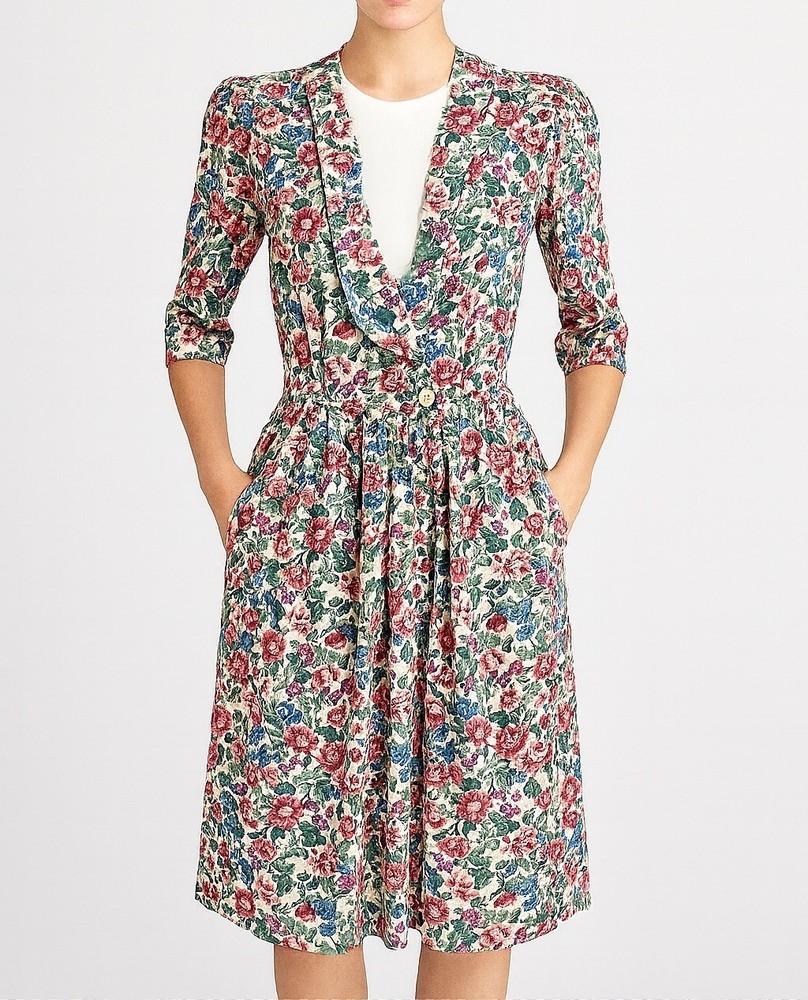 Vintage RJ Stevens Floral Midi Dress Bib Pockets 80s 90s Cottagecore Small