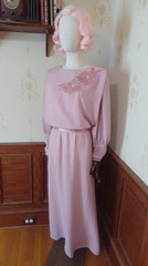 Vintage 1970s/80s Union-Made Pink Chiffon Maxi-dress w/Satin + Pearl Accents