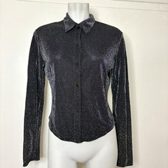 Vintage 90s Hot Kiss Black Metallic Sparkle Lurex Button Up Collared Blouse