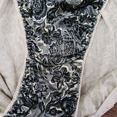 Vintage Velour Velvet Off White Black Floral String Bikini Panties Size Medium