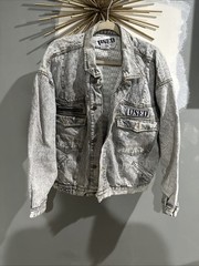 Vintage 80s Get Used By Ellie White Acid Washed Denim Jacket Size Medium