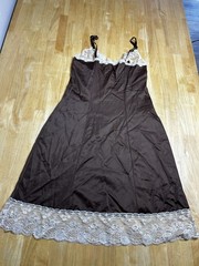 Vintage 1960’s Van Raalte Brown lace trimmed full slip 34 A White Made In USA