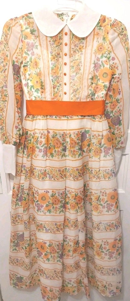 Vintage 70’s Handmade Orange & White Floral Long Prairie Maxi Lined Dress
