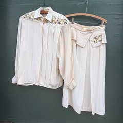 Cedars Vintage 80s Power Silk Leather 2pc Set Cream Avant Garde Rare Womens 6