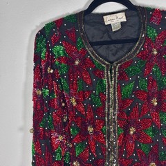 Vintage Laurence Kazar XL Red Sequin Poinsettia Silk Beaded Christmas Jacket