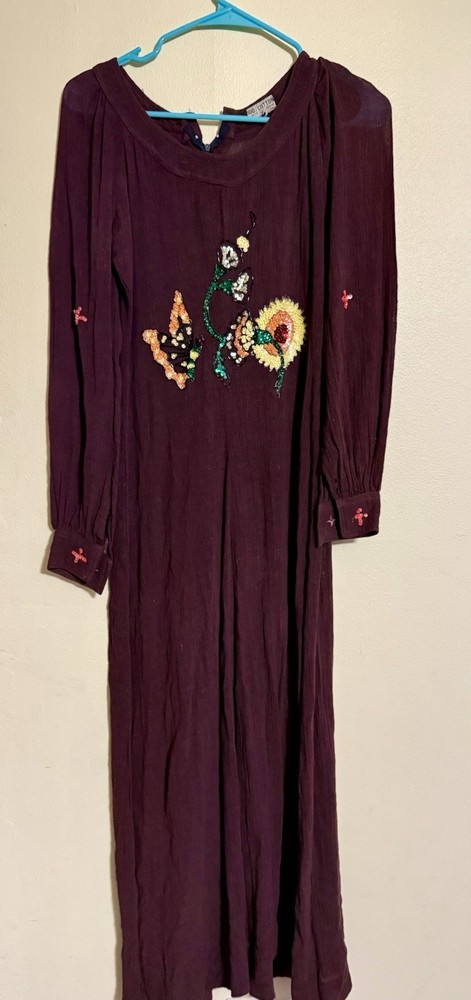 Vtg 70s Indian Cotton Gauze Maxi Dress S Sequin Butterfly Boho Made India⁠