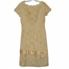Vintage Yellow Lace Dress Satin Trim Bow 1950s Party Prom S/M 34 X 30 X 34
