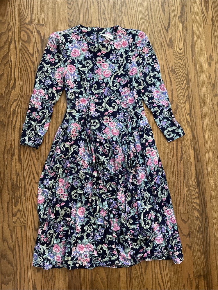 Vtg 80s Betsy’s Things Drop Waist Floral Femme Garden Cottagecore Midi Dress M/L