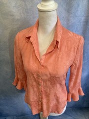 Vtg 90s Y2K Dressbarn Coral Jacquard Blouse S Ruffle 3/4 Sleeve Floral Button Up