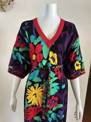 1980s Leonard Studio Italy Cotton Knit Floral Dress Hidden Logo Belted Pop Art