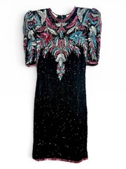 Vintage 80s Lawrence Kazar New York Sequin Silk Cocktail Dress Women’s Sz S