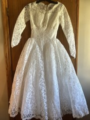 Vtg 1960s Tea Length White Lace Full Wedding Dress Long Sleeve Custom Made W/bag