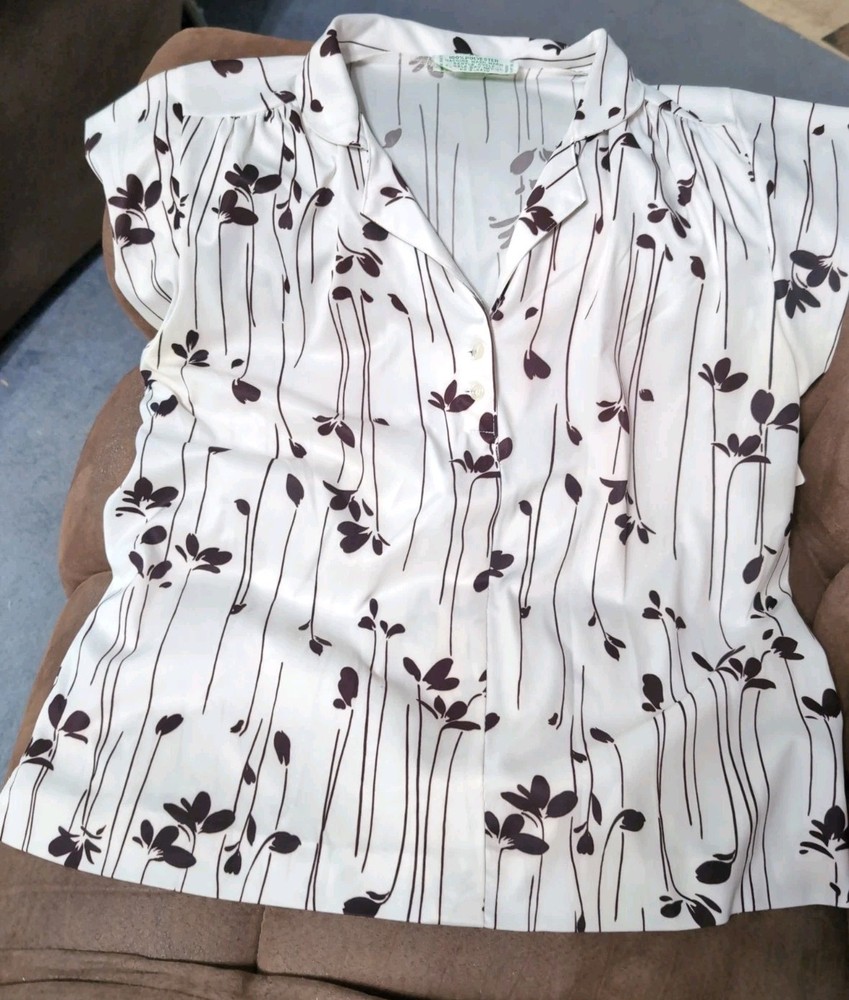 12P Vtg 70s Floral Collared Button Down 1/2 Micro Sleeve Blouse Shirt Size Med