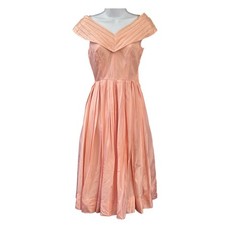 1950s Unbranded Taffeta Dress Portrait Collar Mid-Century Pink Retro Prom