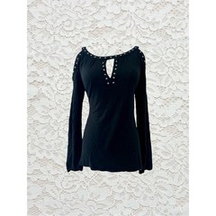 vintage black long sleeve top with silver studs along the neckline