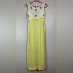 Vtg 60s Yellow Sleeveless Long Dress Floral Pearl Detail SIZE XS/S costume party