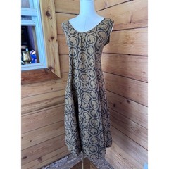 Vintage Organic Cotton Block Print Dress Small Brown Paisley Midi Maiwa Boho Gol