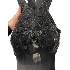 Alyce Design Peacock Sequin Jewel Black Slit Maxi Mesh Keyhole Dress Sz 6 VTG 80