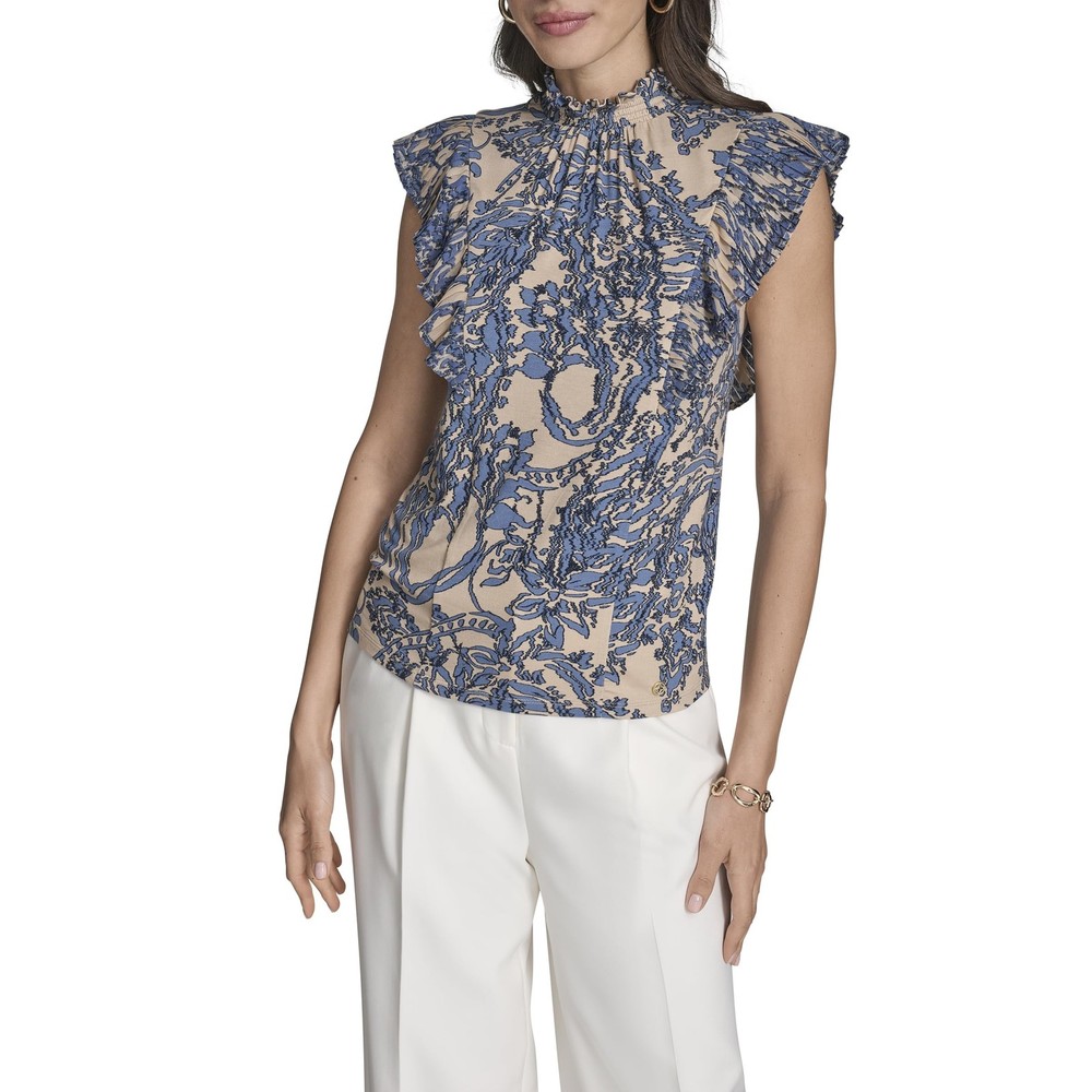 BCBG Women’s Flutter Sleeve Ruffle Mock Neck Printed Blouse Small